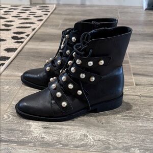 Zara Black Lace-Up Boots with Pearl Accents